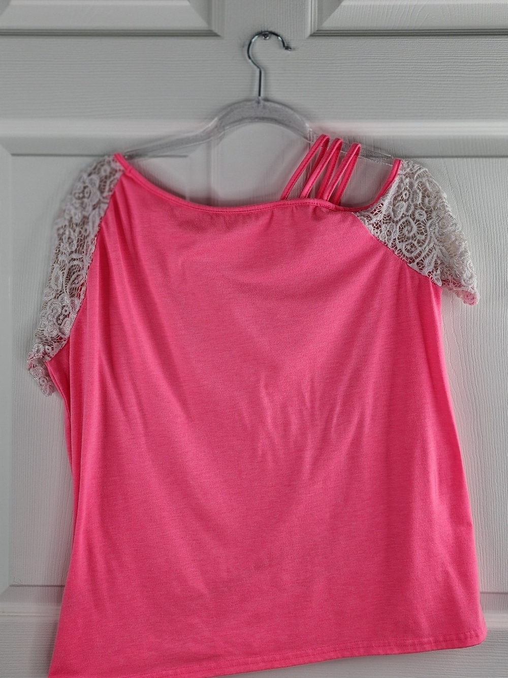 SHEIN Bright Pink Off-Shoulder Top w/ Straps & Lace Short Sleeves - Size XL